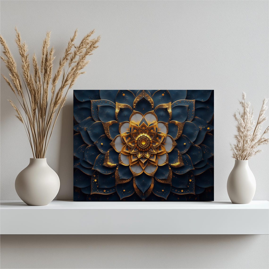 Deep Blue And Gold Floral Mandala Canvas Wall Art Intricate Symmetrical Petal Design For Modern Home Decor Meditation Spaces
