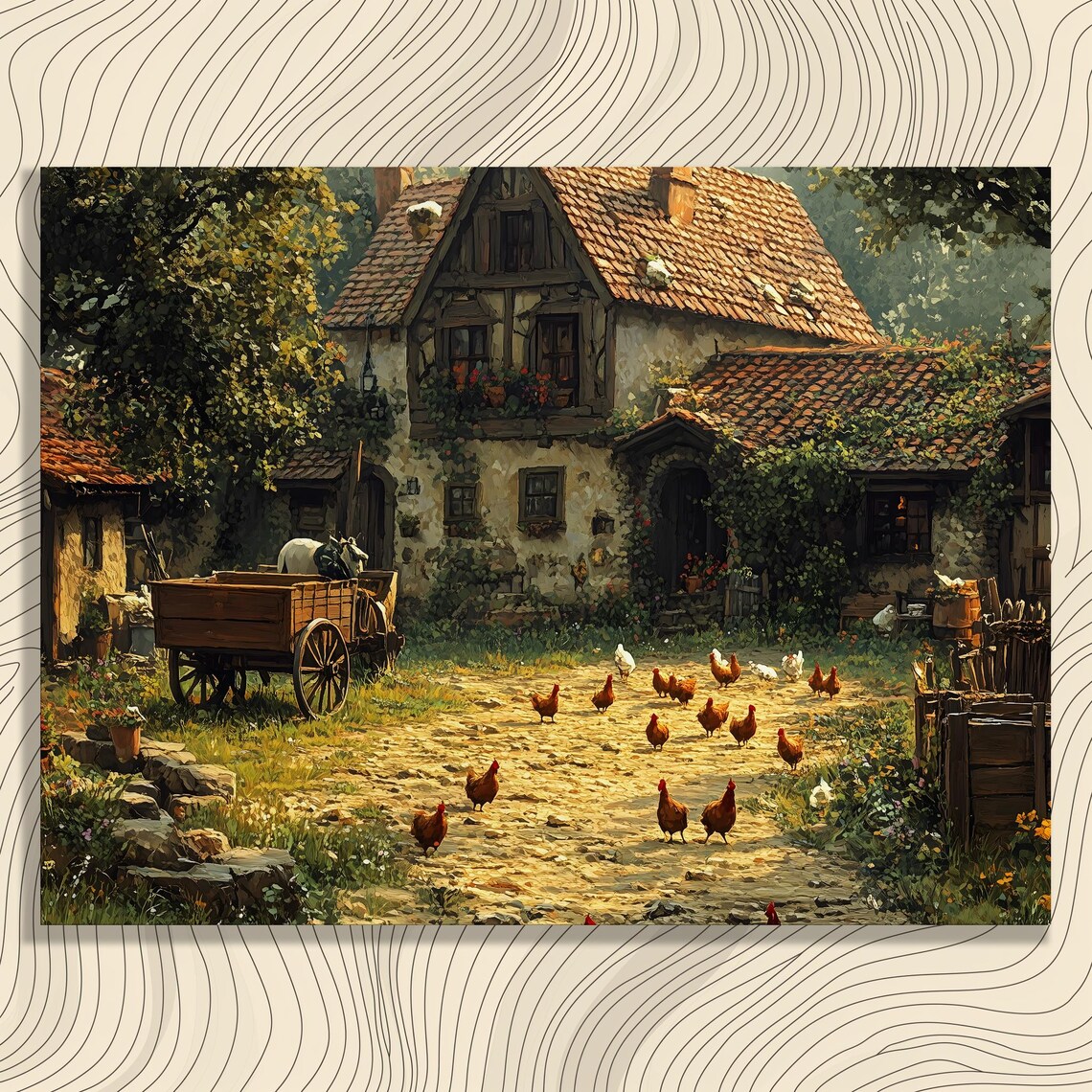 Rustic Farmhouse Courtyard Chickens Vintage Country Canvas Wall Art