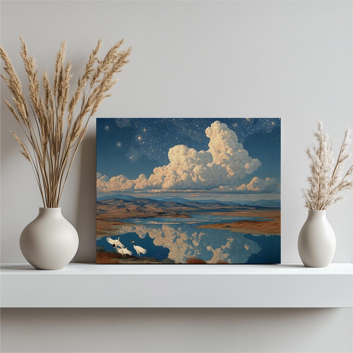 Starry Night Wetland Cranes Lake Reflection Clouds Wildlife Art Poster