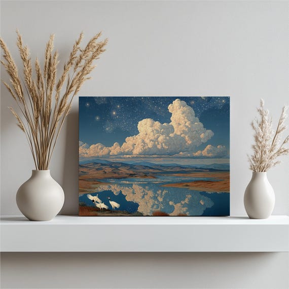 Serene Crane Lake Canvas Wall Art Starry Cloud Reflection Wildlife Painting Print Tranquil Wetland Landscape Gift Illustration
