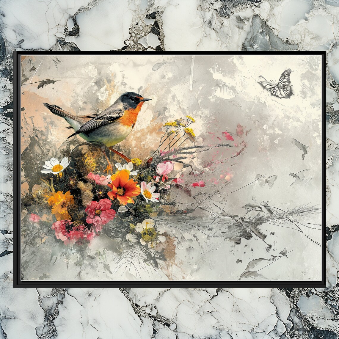 Orange Breasted Songbird Among Wildflowers Watercolor Bird Poster
