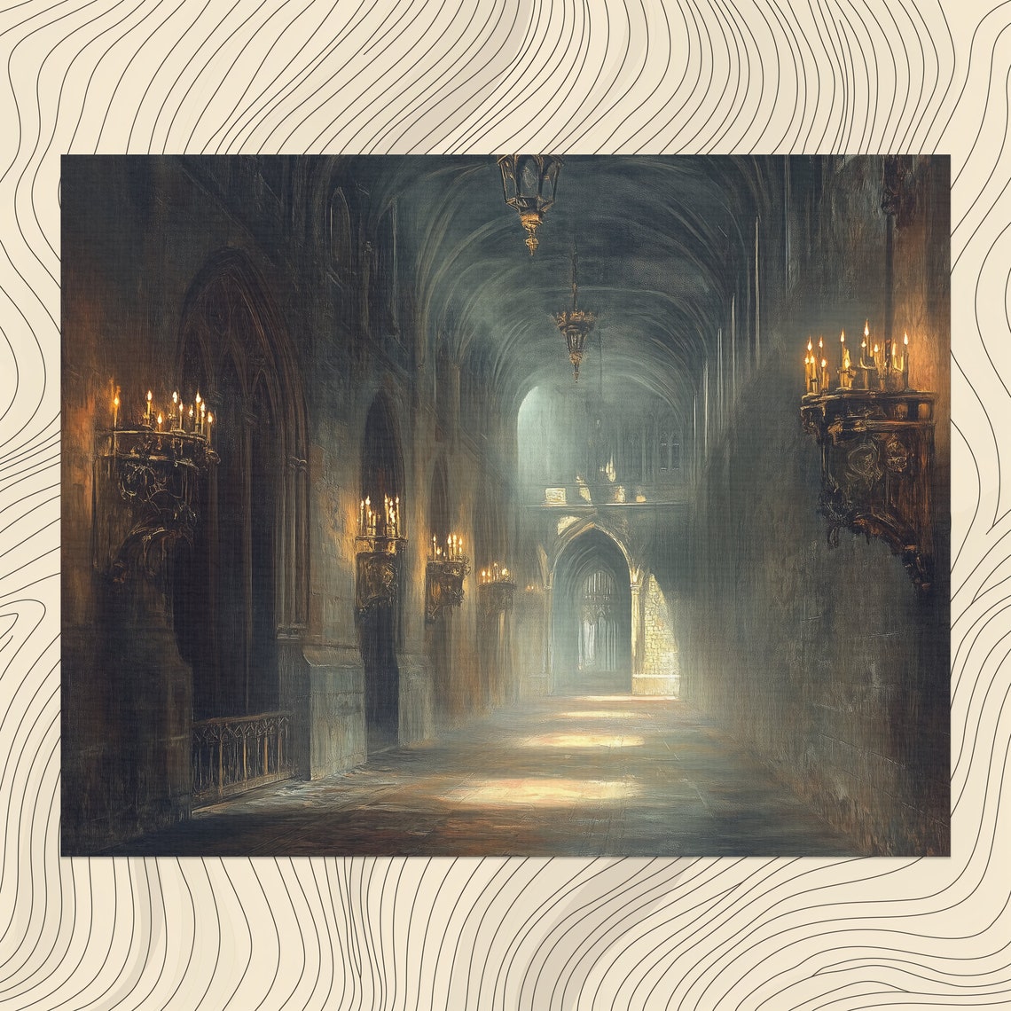 Candlelit Gothic Cathedral Corridor Oil Painting Style Wall Art