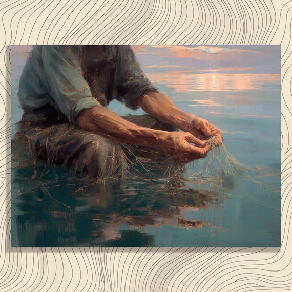 Realistic Weathered Fisherman Canvas Wall Art Rustic Fishing Net Sunset Painting Water Reflection Print For Lake House Decor Gift
