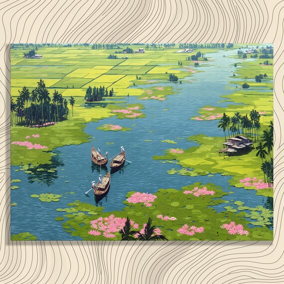 Tropical Rice Fields River Boats Water Lilies Aerial View Wall Art