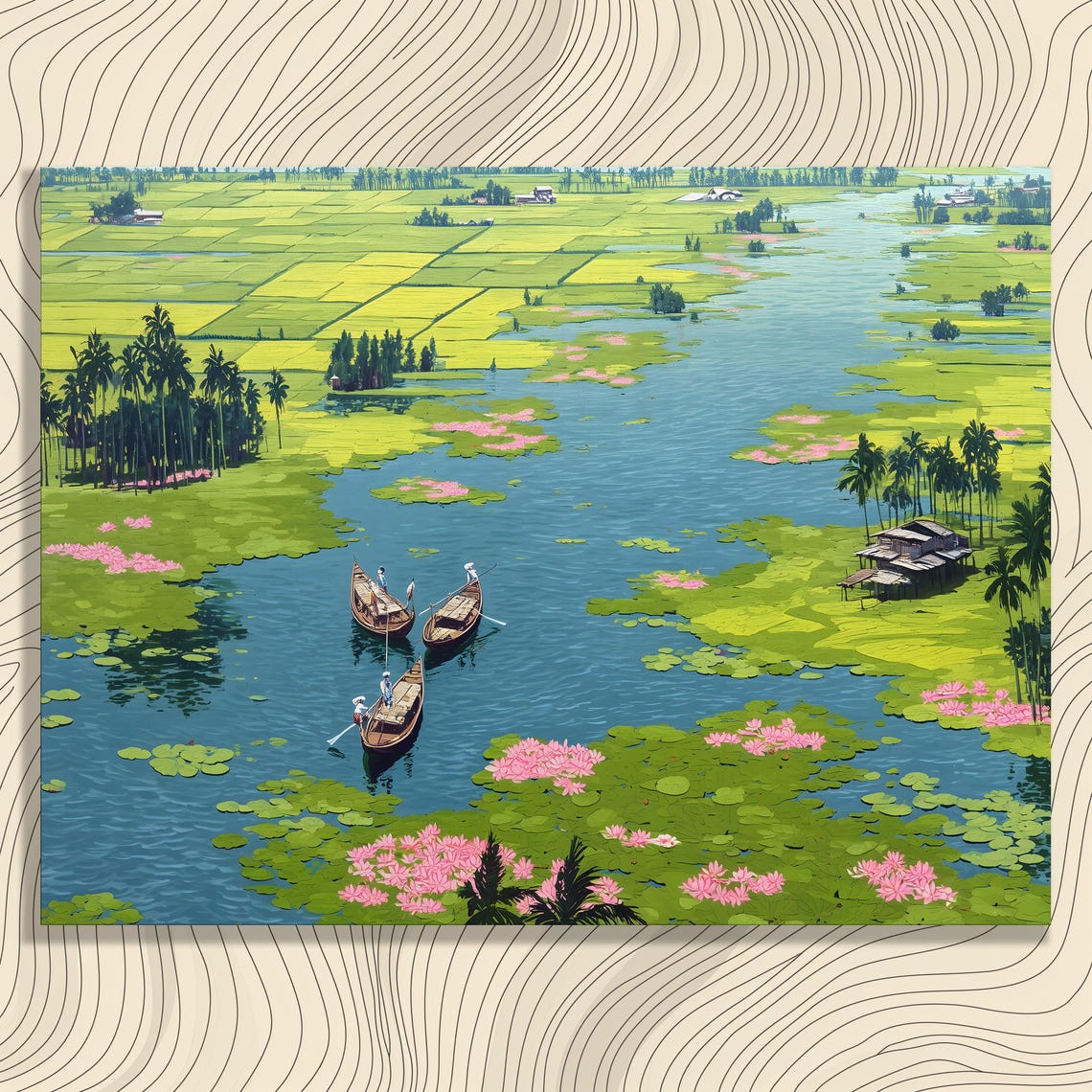 Tropical Rice Fields River Boats Water Lilies Aerial View Wall Art