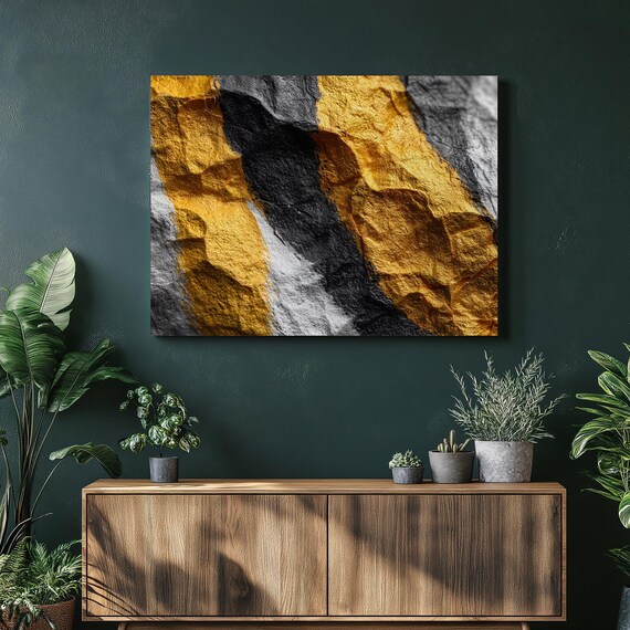 Modern Gold Black Canvas Wall Art Textured Abstract Painting Metallic Leaf Contemporary Decor Large Print Neutral Luxury
