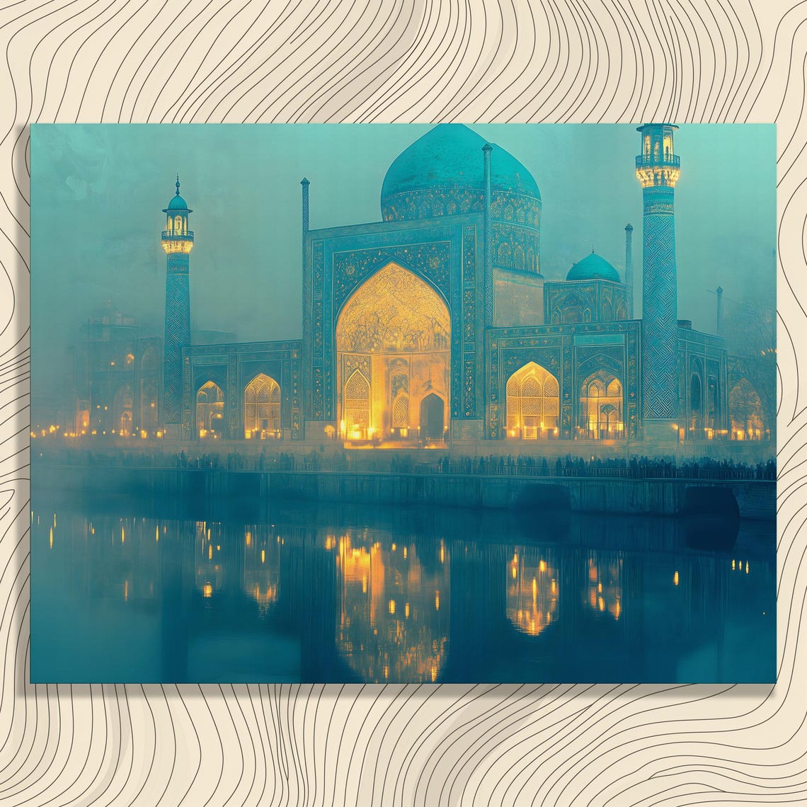 Grand Mosque Dusk Minarets Teal Dome Water Reflection Wall Art