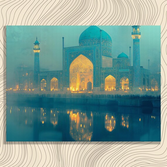 Grand Mosque Dusk Minarets Teal Dome Water Reflection Wall Art