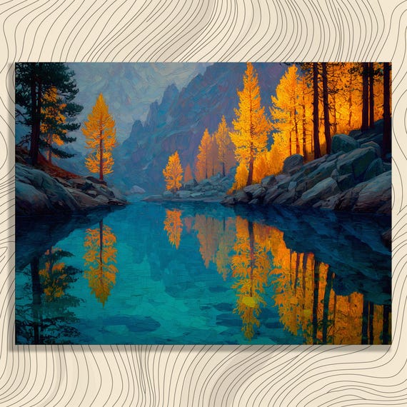Autumn Mountain Lake Golden Trees Reflection Impressionist Wall Art