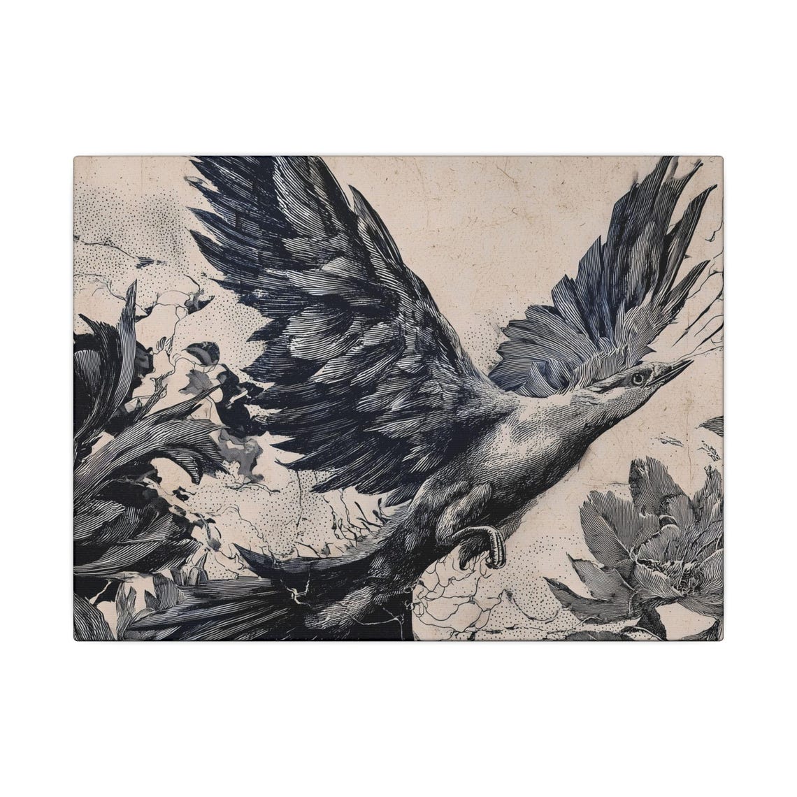 Monochrome Bird In Flight Ink Illustration With Blossoms Poster