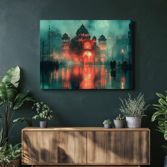 Neon Palace Cityscape Canvas Wall Art Moonlit Urban Fantasy Print For Home Decor