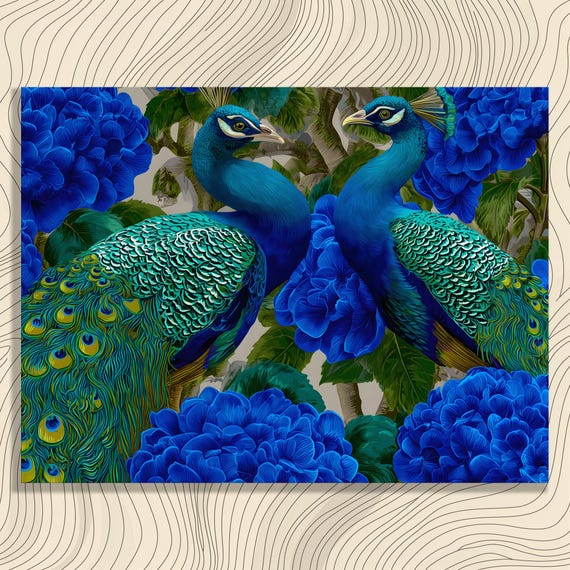 Peacock Hydrangea Canvas Wall Art Colorful Painting With Botanical Illustration Bird Inspired Floral Decor Print