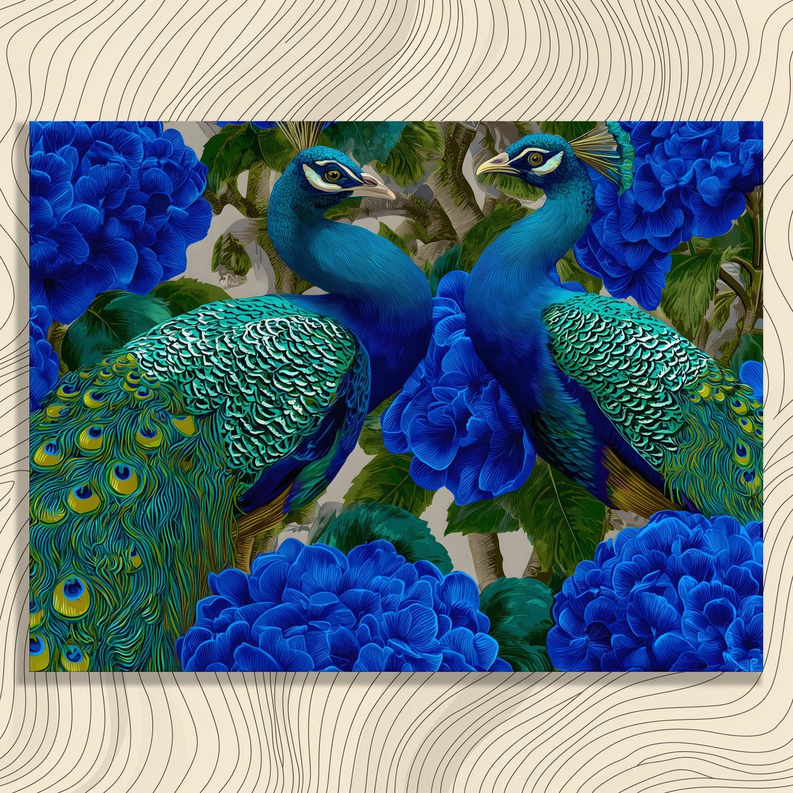 Peacock Pair Blue Hydrangeas Teal Botanical Bird Painting Poster