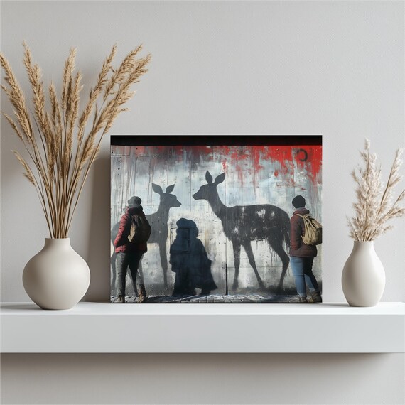 Urban Deer Silhouettes Canvas Wall Art Modern Street Mural Wildlife Decor