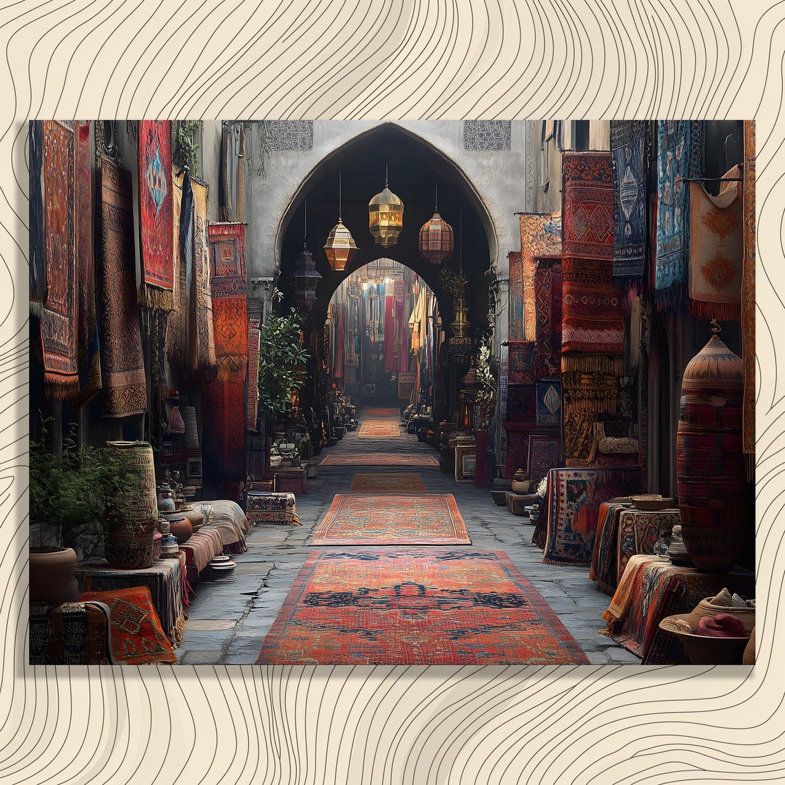 Arabian Souk Alley Hanging Rugs Lanterns Old Market Travel Poster