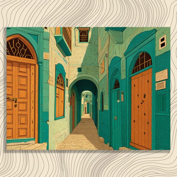 Colorful Alleyway Canvas Wall Art Vibrant Urban Street Scene Architecture Print Travel Painting Door Arch Decor Impressionist