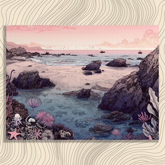 Coastal Tide Pool Illustration Rocky Shore Pink Sunset Nautical Poster