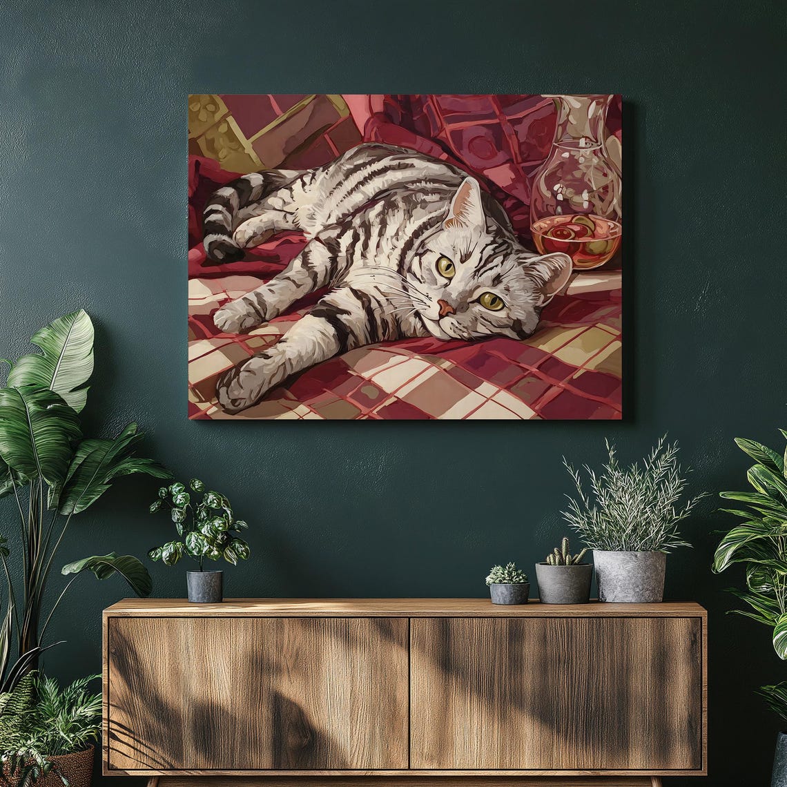 Silver Tabby Cat Lounging On Red Quilt Cozy Still Life Poster