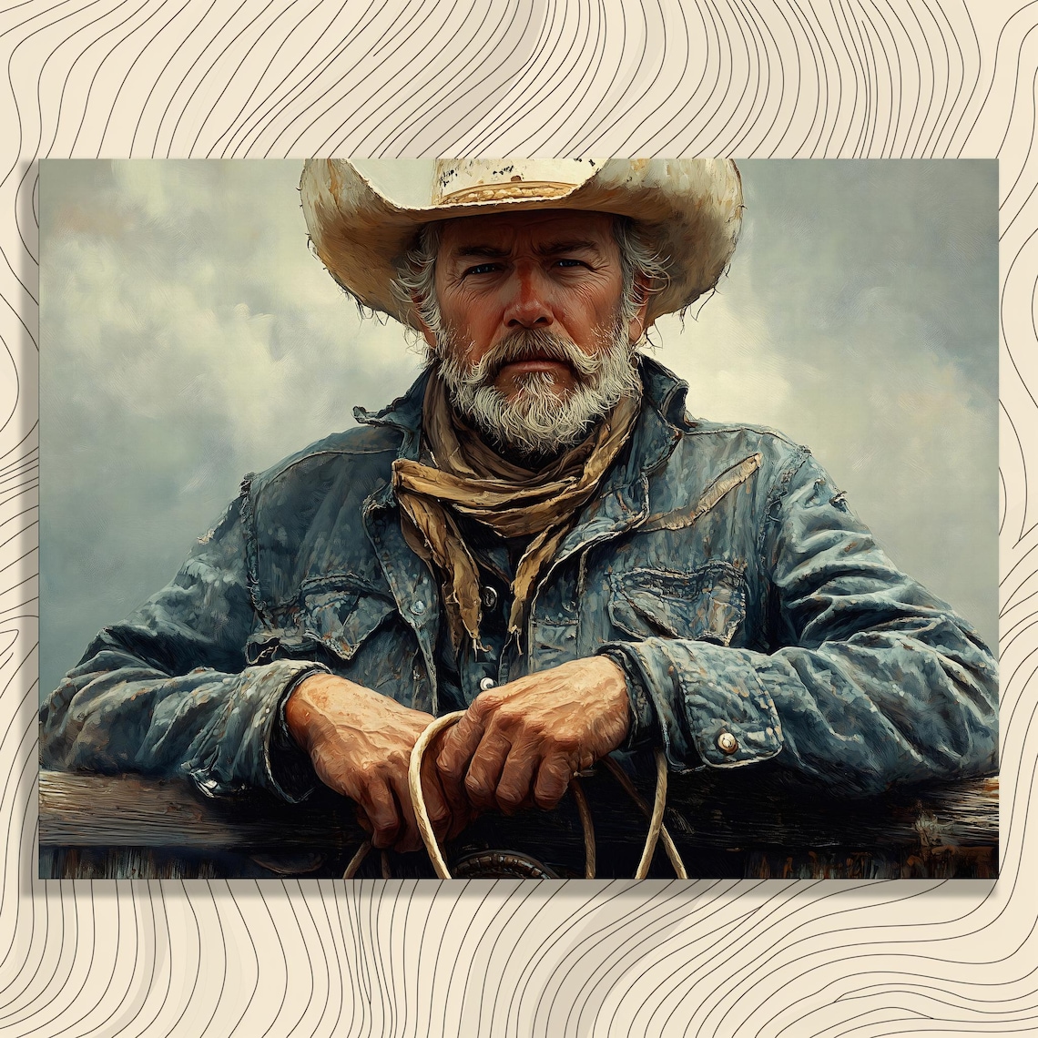 Rugged Cowboy Portrait Weathered Rancher Lasso Western Canvas Wall Art