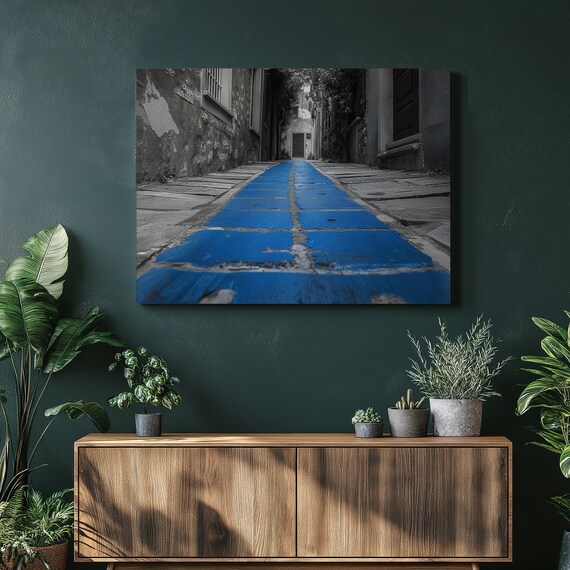 Blue Painted Cobblestone Alley Black and White Street Photography Poster