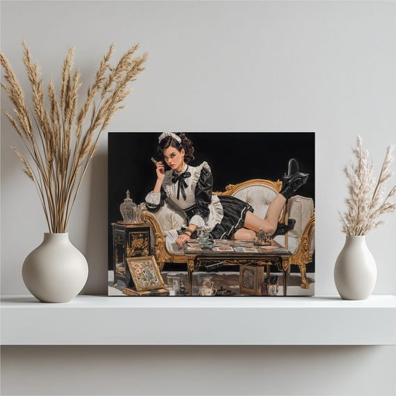 Tarot Occult Canvas Wall Art Victorian Baroque Portrait Gilded Sofa Gothic Dark Mystical Divinatory Theme Fortune Reader Teaware Accents