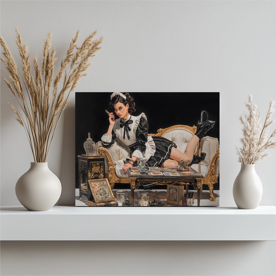Pinup Maid Tarot Cards Cigarillo Ornate Sofa Vintage Wall Art