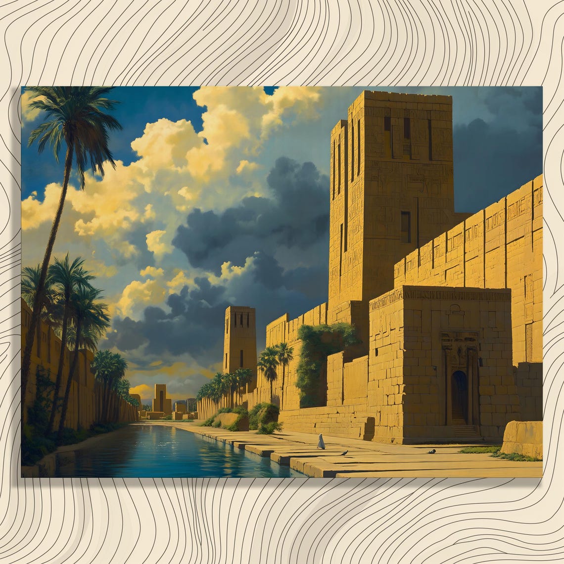 Ancient Babylon Canvas Wall Art Sunlit Desert Canal With Palm Trees