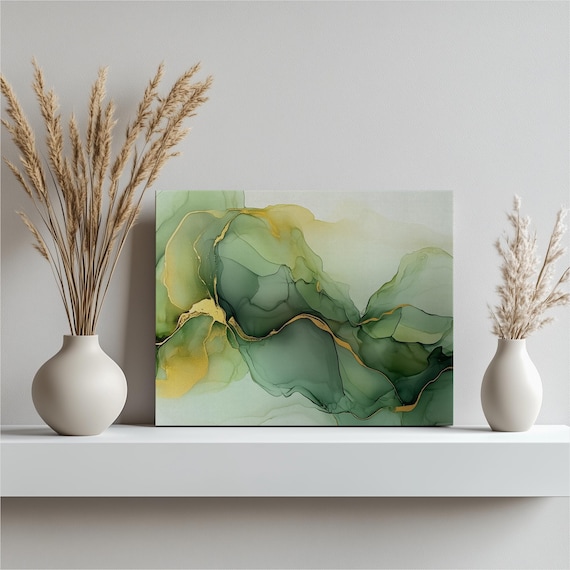 Abstract Green Gold Fluid Painting Alcohol Ink Canvas Wall Art Print Modern Decor Unique Gift For Home Collectors