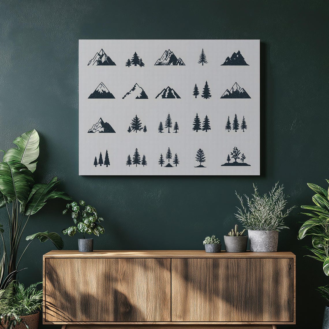 Minimalist Mountain Pine Tree Icons Black White Modern Grid Poster