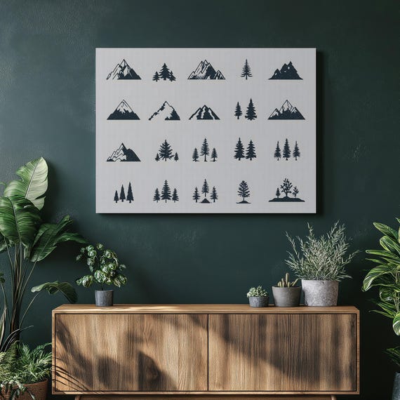 Modern Mountain Pine Canvas Wall Art Minimalist Forest Silhouette Nature Print Monochrome Landscape Decor Black And Gray Vector