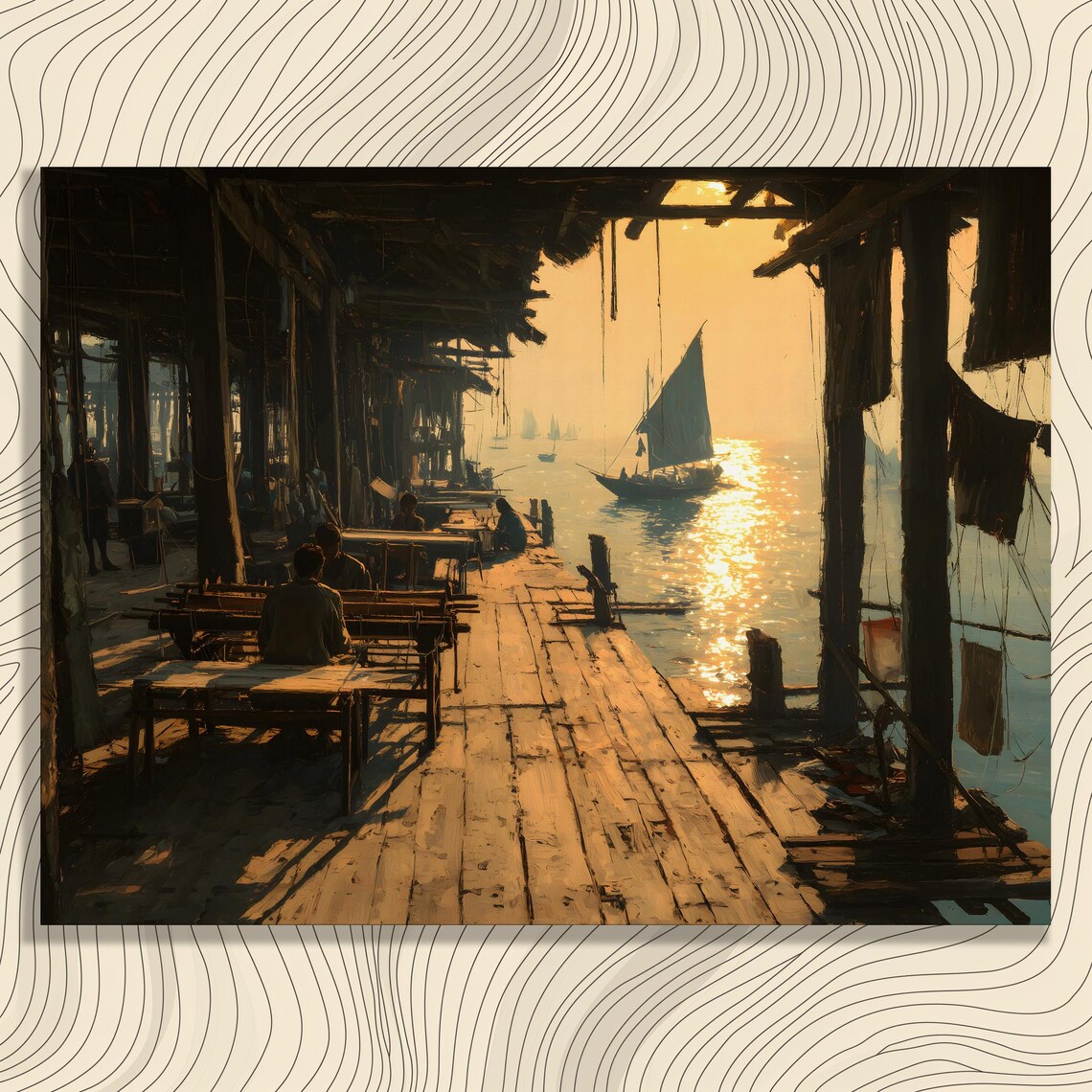Sunset Harbor Wooden Pier Sailboats Golden Water Canvas Wall Art