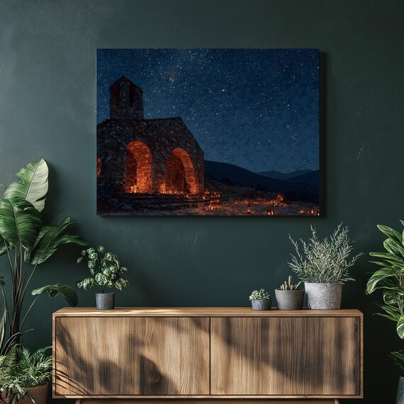Desert Chapel Canvas Wall Art Starry Night Lantern Path Print Stone Archways Decor Church Ruin Landscape Painting Celestial Skies Scene