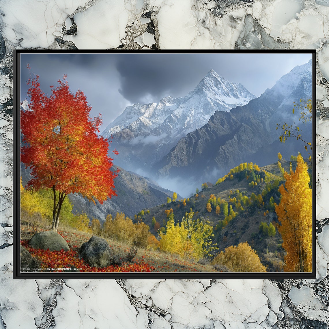 Pakistan Snow Capped Peaks Autumn Red Trees Mountain Valley Poster