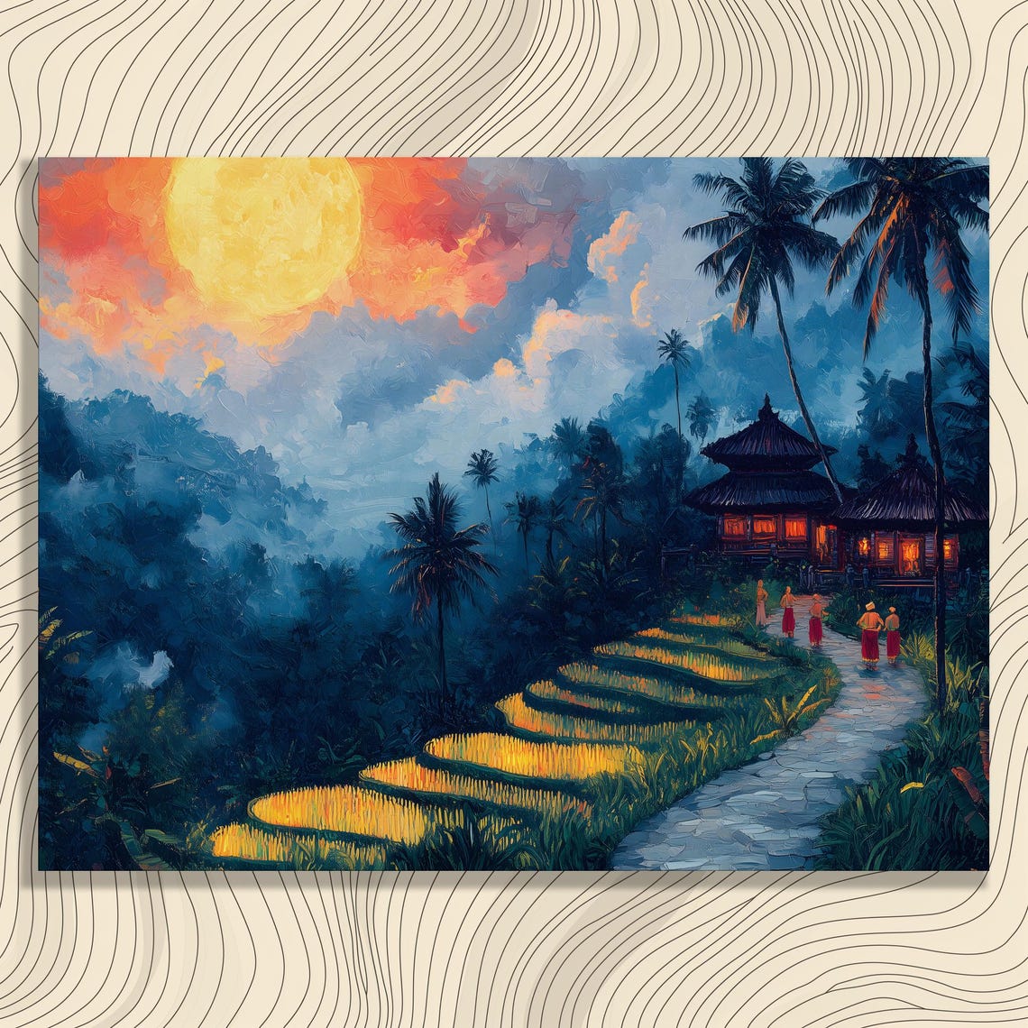 Bali Temple Moonlit Rice Terraces Glowing Palm Trees Wall Art