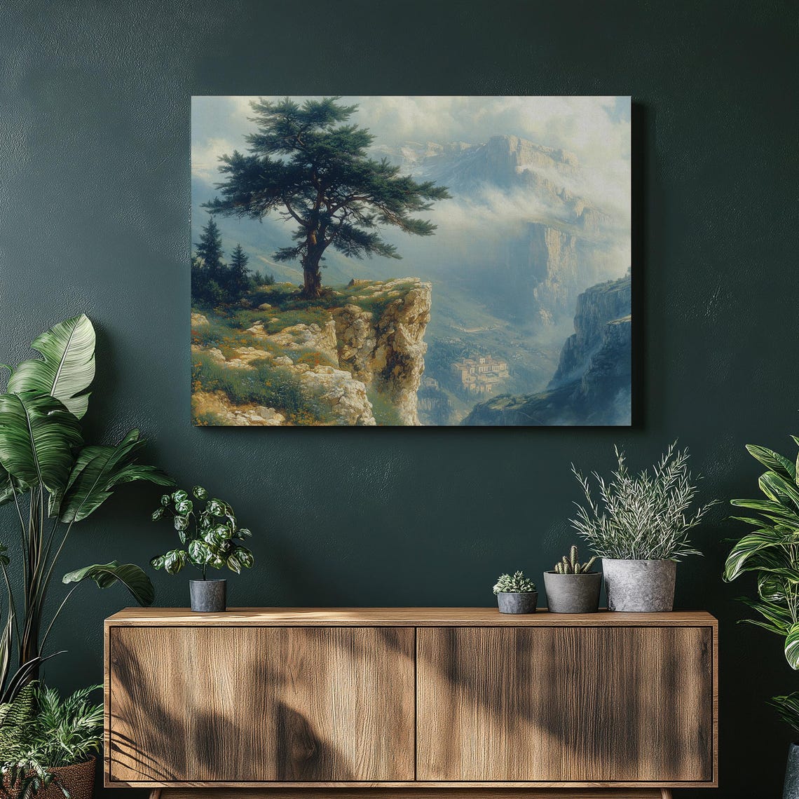Vintage Lone Tree On A Cliff Overlooking Misty Mountains Oil Poster
