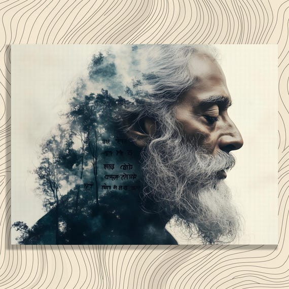 Elderly Bearded Man Canvas Wall Art Serene Side Profile With Bengali Script And Misty Forest Imagery Thoughtful Nature Portrait Print