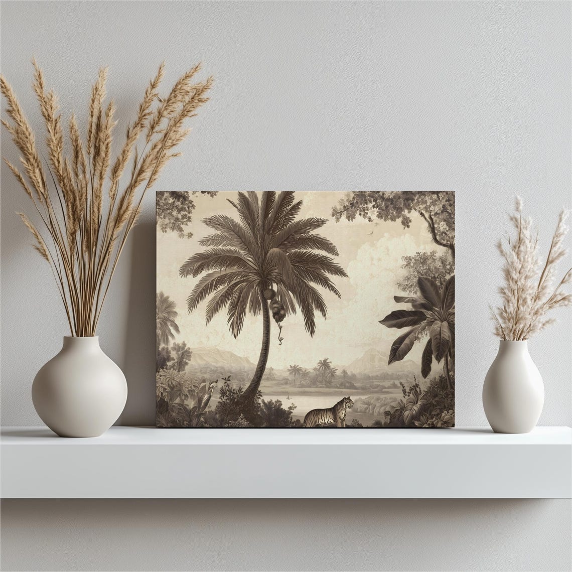 Vintage Tiger in Tropical Jungle Sepia Palm Tree Engraving Poster