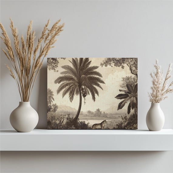 Vintage Tiger Jungle Canvas Wall Art Sepia Palm Tree Engraving Wildlife Artwork Tropical Forest Landscape Gift