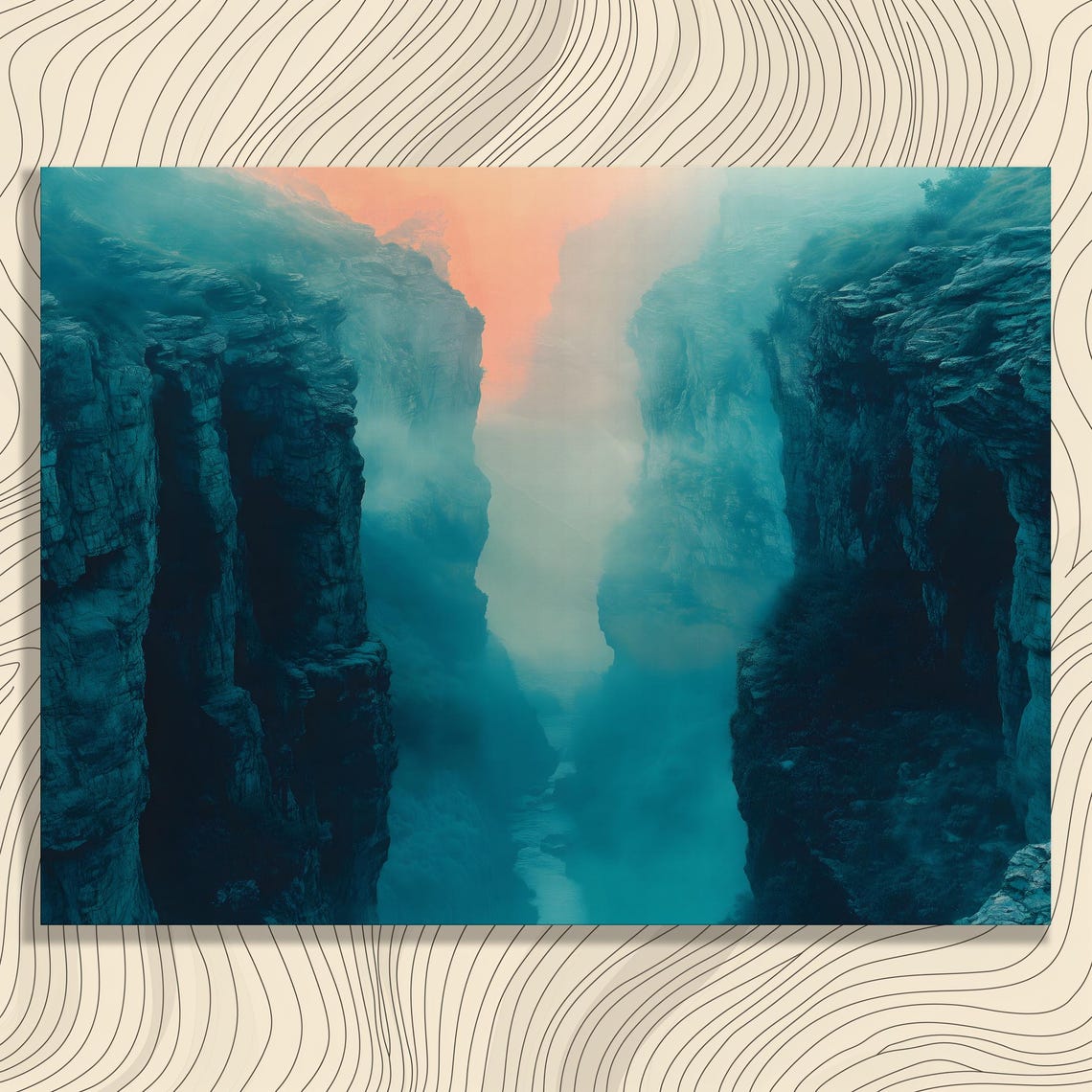 Misty Canyon Teal Cliffs River Valley Peach Glow Dawn Poster