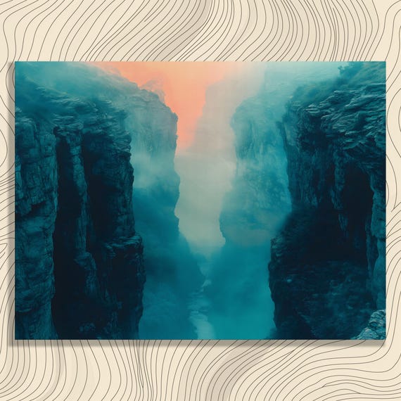 Misty Canyon Landscape Canvas Wall Art Serene River Valley Nature Painting Print For Enthusiasts Lovers