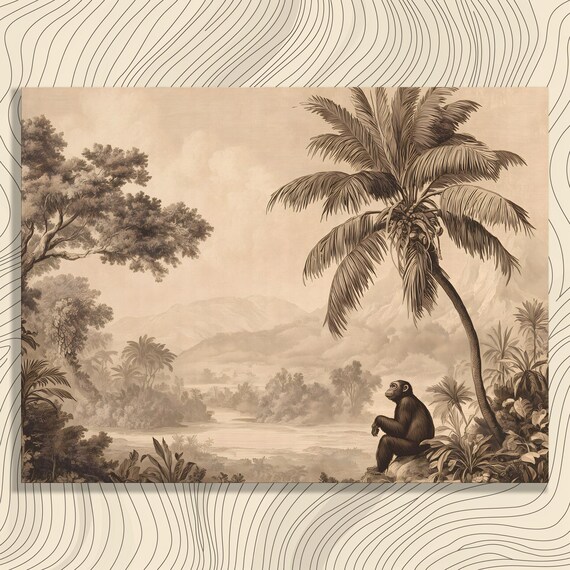 Chimpanzee Under Palm Tree Vintage Sepia Jungle Landscape Poster