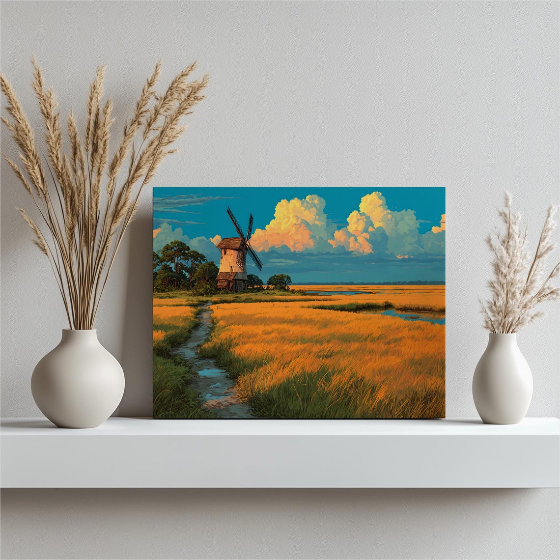 Rustic Windmill Golden Field Sunset Countryside Landscape Poster