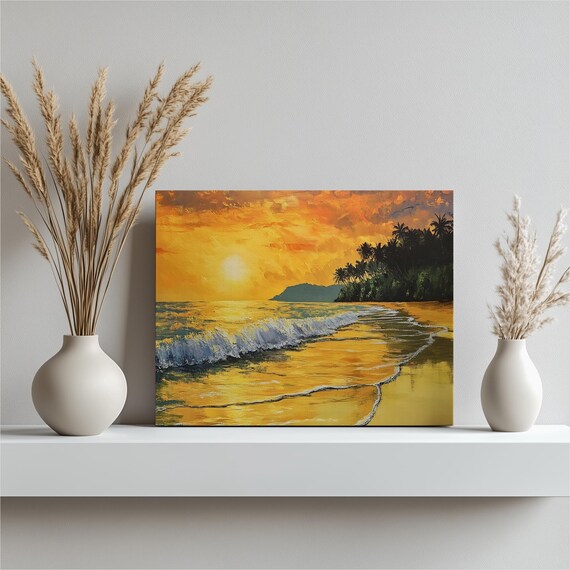 Tropical Beach Golden Sunset Poster Palm Trees Ocean Wave Painting
