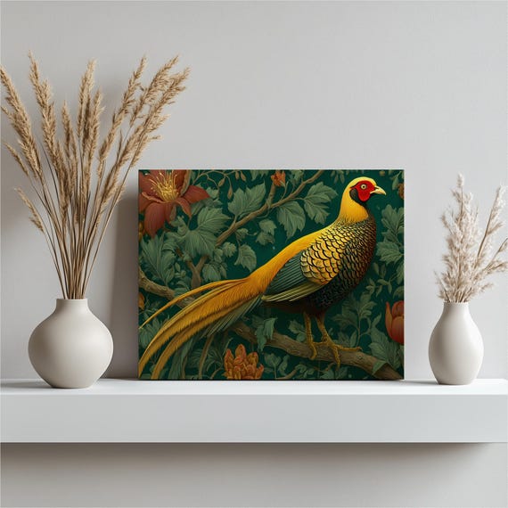 Golden Pheasant Canvas Wall Art Exotic Bird Decor Wild Animal Print Nature Botanical Illustration Forest Branch Poster Decoration