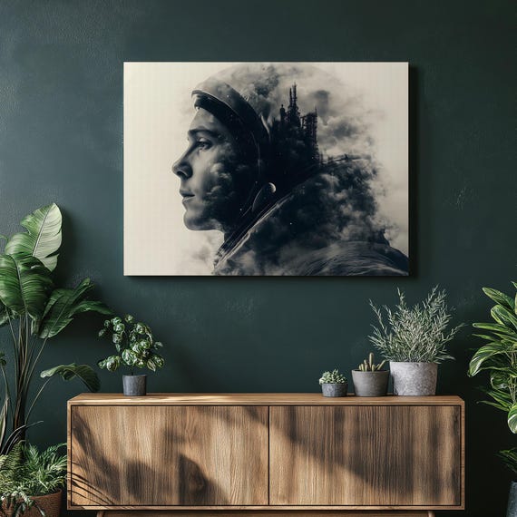 Astronaut Profile Double Exposure Space Clouds Helmet Modern Print