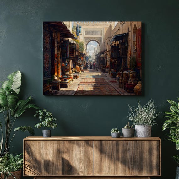 Marrakech Souk Canvas Wall Art Moroccan Market Bazaar Rugs And Archway Old Medina Street Scene Travel Decor Large Print