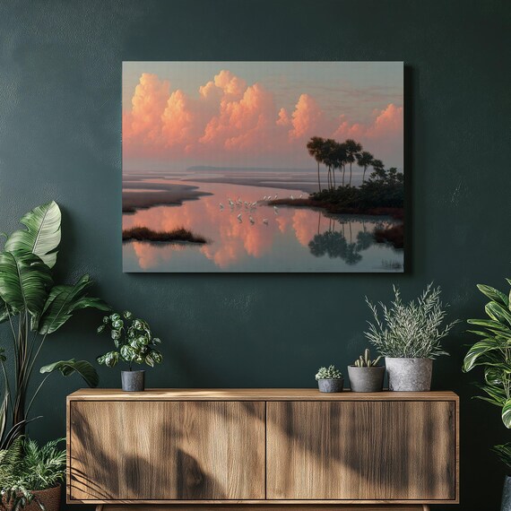 Sunset Marsh Flamingos and Palm Trees Serene Landscape Poster