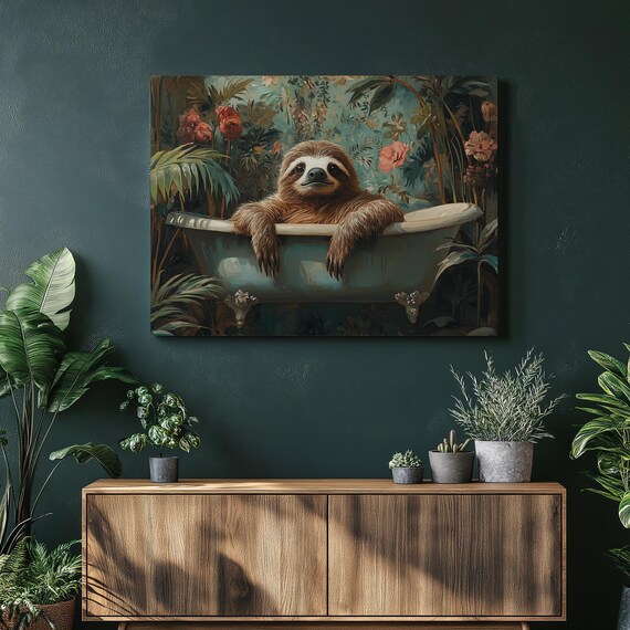 Sloth Canvas Wall Art Cute In Vibrant Tub Lush Botanicals Vintage Decor Detailed Oil Painting Warm Tones Print Design