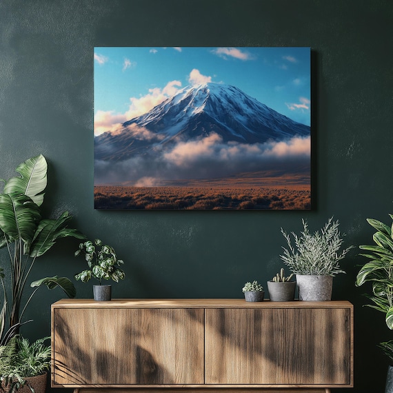 Mount Fuji Snow Capped Volcano Clouds Blue Sky Japan Landscape Poster