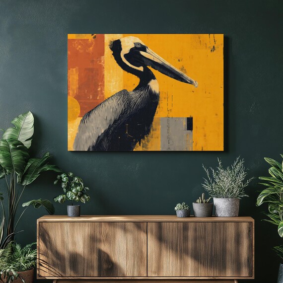 Abstract Pelican Canvas Wall Art Coastal Decor Ocean Wildlife Modern Geometric Bird Print Tropical Gift Nature Lovers Color Blocking
